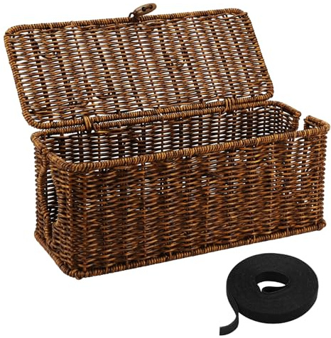 Nagoyuki Handwoven Faux Rattan Cord Organizer Box with Lid,2 Open Slots Cable Organizer Box With Cable Ties,Decorative Cord Hider Box for Tv Computer USB Hub & Power Strip Holder Box (Brown)