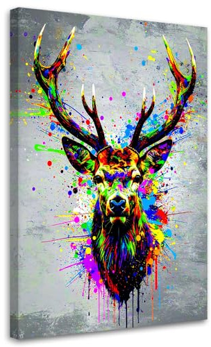 Feeby Wandbilder - Bilder Schlafzimmer - 80x120 1tlg - Wohnzimmer Bild Groß - Wohnungs - Foto Geschenk - Leinwand Wall Art - Wand Deko - Bunter Hirschkopf Abstrakt