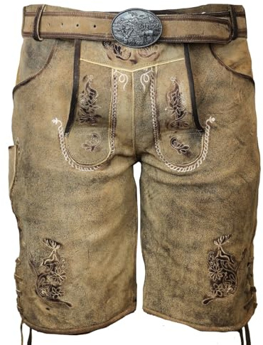 MS-Trachten Herren Lederhose Kurz Tim Braun Antik Trachtenlederhose – Moderne Trachtenhose mit Gürtel im Vintage Used Look
