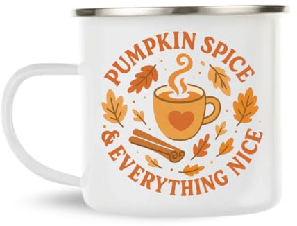 Pumpkin Spice & Everything Nice Mug – Cute Fall Enamel Coffee Cup – Cozy Autumn Aesthetic Cup for Pumpkin Lovers – Cute Halloween Gift for Women – Fall Campfire Enabel Mug with Leaves & Cinnamon