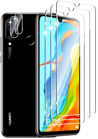 DXULWLM 3+2 Piezas Cristal Templado para Huawei P30 Lite,con protector de Lente de cámara,HD transparente,Dureza 9H,Sin Burbujas,Anti-Arañazo Protector de Pantalla