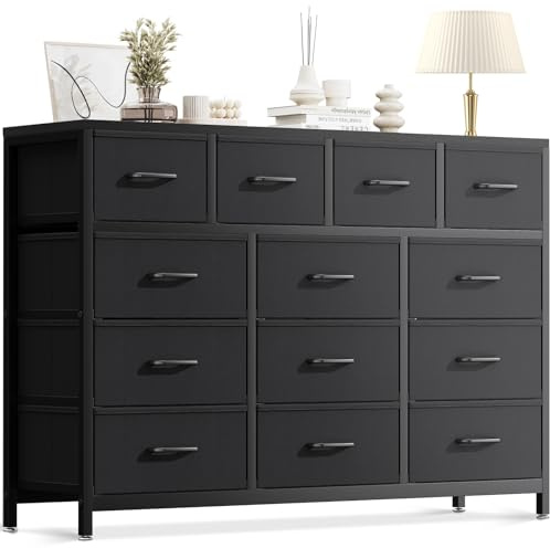Coleshome Large Chest of Drawers Bedroom, 13 Large Fabric Drawers, Black | Steel Frame with Wooden Top, 4 Small & 9 Large Drawers, Ideal for Bedroom, Living Room and Nursery, 140x30x101cm