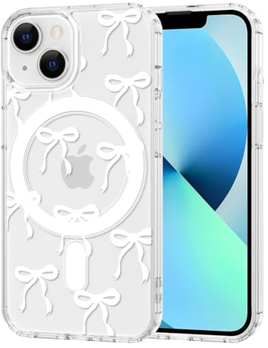 TVVTPU Magnetisch Hülle für iPhone 13 Mini Kompatibel mit MagSafe, Aesthetic Schleifen Muster Handyhülle Nie Vergilbung Dünne Transparent Hard PC Rückseite Stoßfest Kratzfest Schutzhülle Case, Weiß