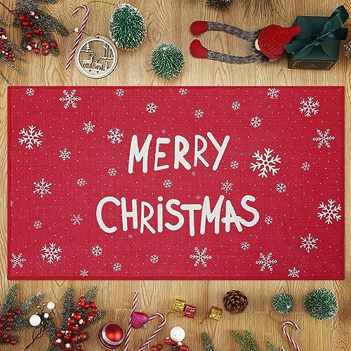 Hollyfield Weihnachten Fußmatte 50 x 80 cm Rote Fußmatte mit Schneeflockenmuster für die Waschbar Schmutzabweisend Winterliche Weihnachtsdekoration für den Innen- und Außenbereich Eingangsbereich