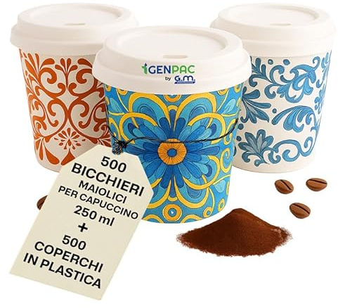 GM - 500 Bicchieri in Carta Maiolica Compostabile 250 ml Bianchi con Coperchi Rigidi a Beccuccio – Riutilizzabili, Resistenti – Per Cappuccino, Orzo, Tisane e Bevande Calde Bar e Take Away