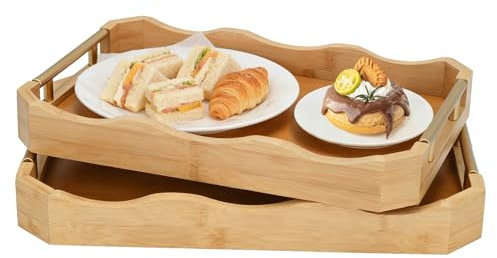 2 Pack Wooden Serving Trays with Gold Handles, Decorative Scalloped Bamboo Trays for Ottoman, Coffee Table, Couch, Bed, Bathroom, Vanity, Home Decor (Light)