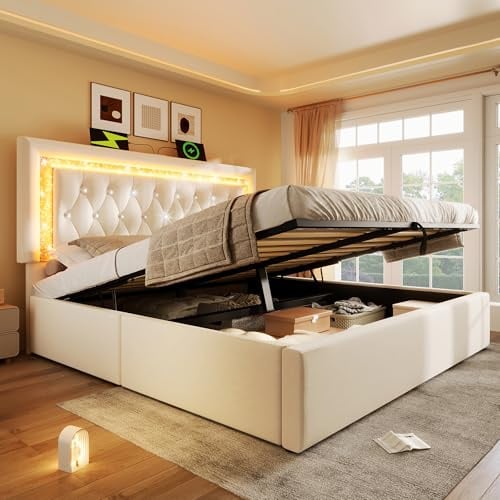Lit Coffre 160x200 avec Ports USB et Type-C et éclairage LED,Cadre de lit Double capitonné 160 x 200 cm avec tête Coffre, lit 2 Personnes avec Rangement (Matelas Non Inclus) (Cremé, 160x200 c)