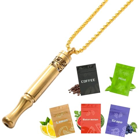 Golden Atemkette mit 5 Geschmacksfiltern, Atemtrainer Halskette, Air Taste | Air Inhaler für Stressabbau Erwachsene, Achtsamkeitsübungen Hilfsmittel, Inhalator für Meditation, Stress Relief, Entspannung
