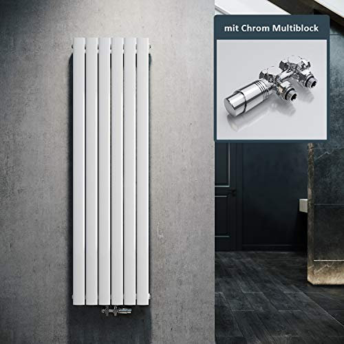 ELEGANT Design Heizkörper Flach 1600x462mm mit Chrom Multiblock Thermostat Flachheizkörper Weiß Einlagig Vertikal Heizkörper Mittelanschluss
