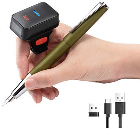 Tera Mini Barcodescanner CCD 1D Wireless Bluetooth + 2,4GHz Drahtlos + USB Wired Kabelgebunden, Tragbarer Ringscanner am Finger Mini-Barcodeleser Bildschirmscannen, HW0011