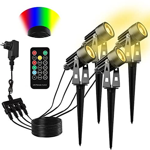 DULEE 4 Packet Garden Spike Lights RGBWW Remote Control Cable Extendable DC 12V 4 x 3W LED IP65 Waterproof Outdoor Garden Spotlights Mains Powered with Plug for Pathway Patio Yard
