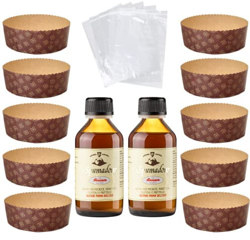 Kit Stampo per Panettone (10pz x 750 gr) + Aroma per Dolci Fraccaro (2pz - 100 ml) + Sacchetto (10 pz), Stampi di Carta di Pura Cellulosa ideale per l’uso in Forno, resistente al calore 200°C