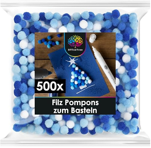 OfficeTree 500 Mini Pompons zum Basteln Blau - Filzkugeln 1cm Blau - Pompoms Mini Basteln - Pompoms zum Basteln für Kinder und Erwachsene - Dekorieren Verzieren Nähen DIY