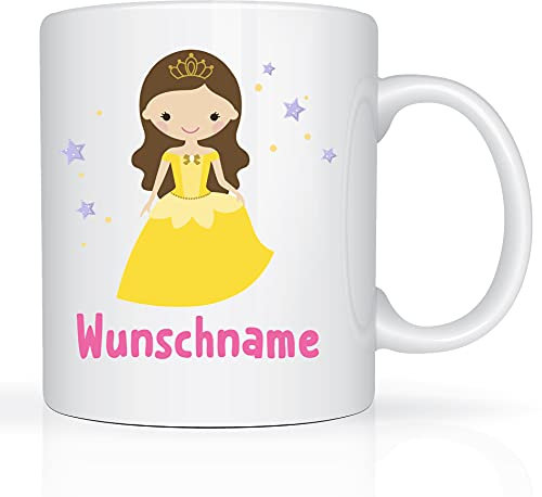 Print-Klex Tasse mit Namen und Prinzessin Motiv Bedruckt Namentasse Namensbecher Prinzessinmotiv mit gelben Kleid für Mädchen Kindertasse Weiß Spruchtasse Keramik mit Druck 330ml