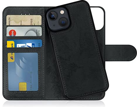 MyGadget Flip Case für iPhone 13 Mini - [ abnehmbare Magnet Hülle ] - Handyhülle aus Kunstleder - [ Klapphülle mit Kartenfach ] Schutzhülle in Grau Schwarz