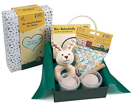 GRÜNSPECHT Bio-Geschenkbox für Babys mit Bio-Wärmekissen, Bio-Stoffrassel, Bio-Abdruckset & Bio-Body, Geschenk Geburt, Babyparty (GB-004)