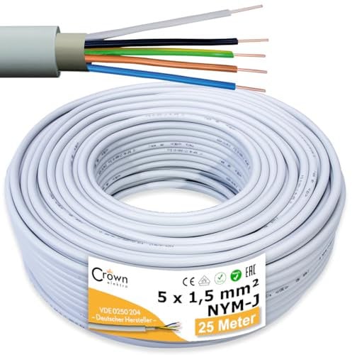 NYM-J 5x1,5mm² Kabel 25m | Feuchtraumkabel für 300V/500V | Elektrokabel 5-Adrig mit PVC Mantel | Ø1,5mm² Stromkabel für Elektroinstallation in Weiß/Grau | Kabellänge am Stück