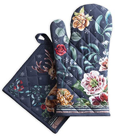 Maison d' Hermine Ofenhandschuh (19cm x 33cm) + Topflappen (20cm x 20cm), 100% Baumwolle, hitzebeständiger Küchenhandschuh für Koch, Kochen, Grillen, Christmas Joy – Erntedankfest/Weihnachten