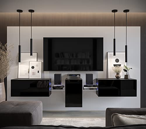 Furnitech Wohnwand Wohnzimmer | Wohnzimmer Möbel mit LED Blau | Hängend Wohnwand Modern | Wohnzimmer Schrankwand mit Regale und TV Schrank (AN98-21B-HG1-1B)