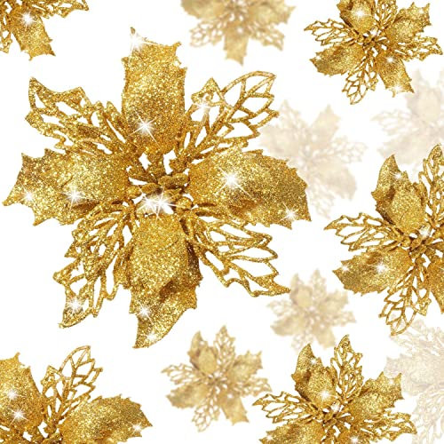 KAHEIGN 36 Pezzi Fiori di Poinsettia di Natale, Glitter Oro Fiori Artificiali della Stella di Natale Addobbi per L'albero di Natale per Matrimonio Corona di Natale Festa a Casa Decoro (3 Taglia)