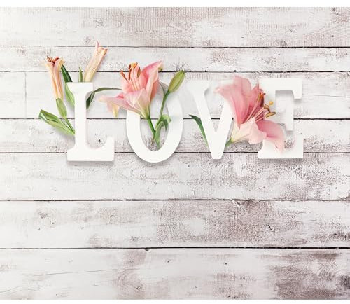 decomonkey - Papier Peint Panoramique Adhésif Fleurs Lys 294x210 cm - Stickers Muraux - Jaune marron rose vert - Inscriptions en anglais planches bois fleurs amour tendances fulloflove