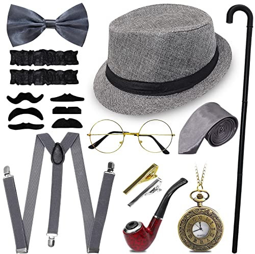 11-teiliges Gatsby-Kostümzubehör-Set, brüllendes Retro-Gangster-Kostüm, Vintage-Stil, 1920er-Jahre, Herren-Kostümzubehör, Hut, Brille, Krawatte, Schleife, Ärmel, Bart, Pfeife, Stock, Straps