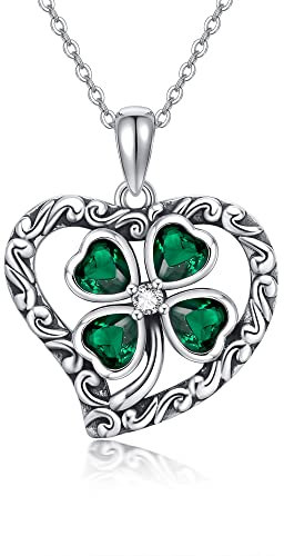 ONEFINITY Vierblättriges Kleeblatt Ketten 925Sterling Silber 4 Blättriges Kleeblatt Herz Anhänger Grüner Zirkon Schmuck Geschenke Für Herren Und Damen