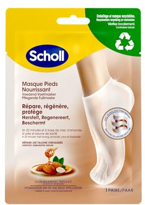 Scholl Maschera per piedi alla mandorla e al miele per pelli secche, in 20 minuti, calze idratanti, non grasse e facili da usare, maschere e imballaggi riciclabili, 1 paio