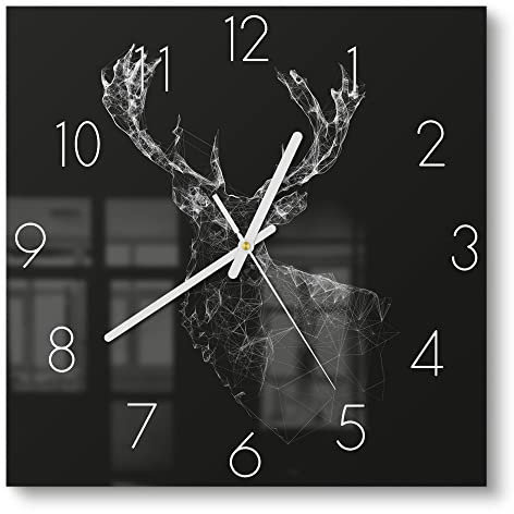 DEQORI Glasuhr | 30x30 cm | Motiv Digitalisierter Hirsch | ausgefallene leise Design Uhr aus Glas | Wanduhr für Wohnzimmer & Küche | moderne Hingucker Uhr für die Wand