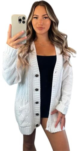 Crazy Fashion Women’s Long Sleeve Grandad Open Front Button Top Chunky Aran Cable Knitted Cardigan Ladies Sweater Winter Jumper White 20-22