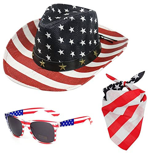 Fopytu Vintage Cowboy Hat Bandana Sonnenbrille Set American Flag Cowgirl Hat Party Sonnenbrille Für Kostümzubehör