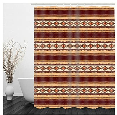 Hoisy Haken Duschvorhang, Duschvorhang Moder Retro Geometrische Figuren Braun Größe 180X180CM Schnell Trocknend Polyestergewebe Badezimmerzubehör