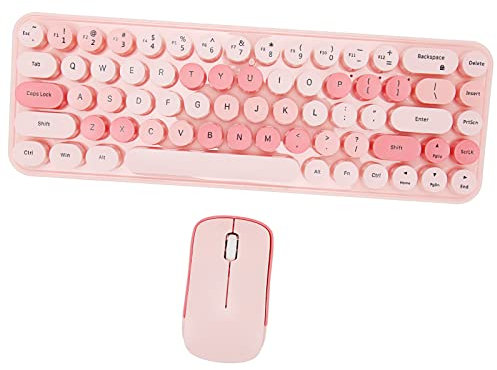 Yunseity Wireless Keyboard and Mouse Combo, 2.4GHz Wireless Retro Typewriter Keyboard and Mouse Combo, 68 Round Keycaps, 3 DPI Cute Mouse for PC Desktop Laptop (Pink Theme)