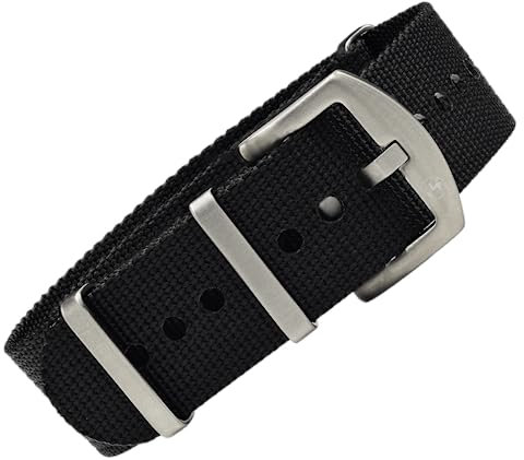 BOMBFROG NATO Strap Uhrenarmband 20mm Nylon schwarz, Dornenschließe silber, Uhrenarmband Nato (20 mm, Schwarz - Dornenschließe silber)