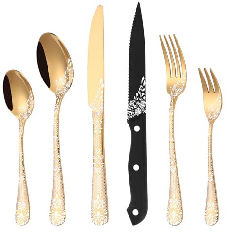36-teiliges Besteck Set Gold für 6 Personen, HONKKU Edelstahl Besteckset mit Steakmesser, Essbesteck Set Spiegel Polierter mit Blumenmustern, Gabel Löffel Messer Set Geschirrspüler Safe