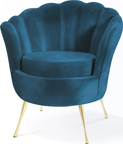 WFL GROUP Samt Sessel Muschel mit Golden oder Silber Metallbeinen - Weicher Armlehnstuhl für Wohnzimmer - Elegant Polstersessel Muschelform - Soft Cloud Set - Golden Beinen - Dunkelblau