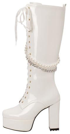 Tinta unita Punta Quadrata Spessi Tacchi Alti Piattaforma In Pelle Lucida Stivali Da Donna Stringati Catena Di Perle Negozio Di Moda Stivali Alti Alti Coscia Stivali in Pelle per, bianco, 39 EU