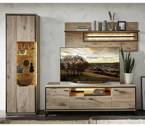 Lomadox Wohnwand TV-Wand inkl. Beleuchtung braun 3-teilig Modern, 1 Vitrine, 1 Lowboard, 1 Wandboard