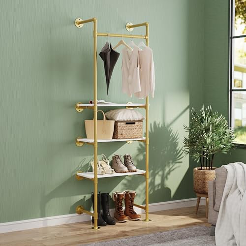 unho Porte Manteau Mural Doré : Portant à Vêtement avec Étagère Portant Solide sur Pied Dressing Penderie en Métal Vestiaire Chaussure pour Entrée Chambre - 61x31x178 cm