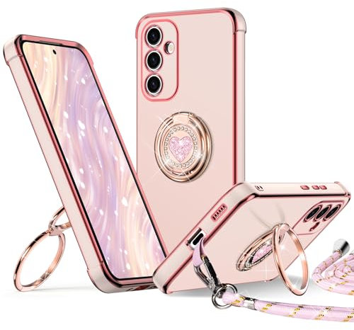 XYZ Cover per Samsung Galaxy S24 con Supporto, Custodia con Doppio Anello a Forma di Cuore con Cordino per Ragazze e Donne, Custodia Protettiva Ussuosa per Samsung S24, Rosa