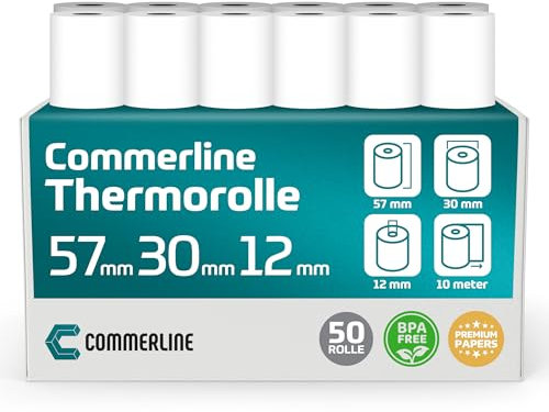 Commerline Thermorollen 57mm x 30mm x 12mm, 10 Meter, 50 Rolle, Ec rollen, Bonrollen Ec gerät, Thermopapier, Kassenrollen