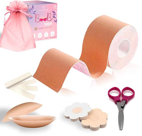 GLINDIHOME Cinta Adhesiva Pecho 5m. Incluye: 1 Rollo Boob Tape +2 Pezoneras Adhesivas Invisibles Reutilizables +36 Tiras Doble Cara Ropa +10 Pezoneras Tela +Tijeras +Bolsa. Sujetador Invisible.