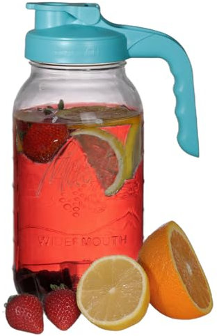 Glass Mason Jar Pitcher with Lid - Wide Mouth 2 Quart (64 oz / 1.9 Liter) Heavy Duty - Leak Proof Water Jug with Filter Lid for Juice, Milk, Cold Brew Coffee, Iced Tea, Drinks and More - Teal