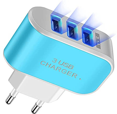 CLSSLVVBN Cargador de teléfono con Enchufe Europeo, 220V, USB, 3 Puertos, iluminación LED, Adaptador de Carga, Salida de protección de Circuito, Suministro de Bloque de Carga para Tableta, Azul