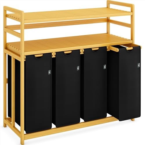 AdelDream Premium Wäschekorb 200L – Wäschesortierer mit 4 Fächern & 2 Ablagen, Bambus Wäschebox mit ausziehbarem & abnehmbarem Wäschesack, schwarz