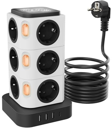 Multiprise avec Interrupteur, Acodot Tour Multiprise 12 Prises et veilleuse Design Original, 4 USB(3 USB-A&1 USB-C Max 5V/3.1A, Multiprise Parafoudre et Surtension, 3M Câble à la Maison et au Bureau