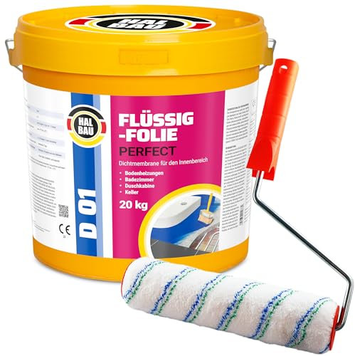 Lámina líquida profesional 20 kg, impermeabilización para baño, ducha, interior, barrera de agua bajo azulejos + rodillo de pintura de 25 cm con juego de patillas Halbau D01