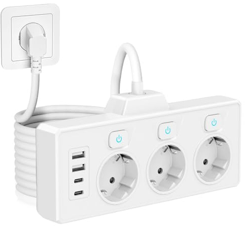 SPORWAY 3-Fach Steckdosenleiste mit Schalter, Steckdose Erweiterungen 3 Steckdose mit 2 USB & 2 USB-C Ports, 3-Fach Steckerleiste Steckdosenadapter für Büro, Hause - 1,5m Kabel