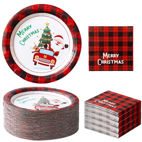 Winoo Design Christmas Plates and Napkins Set - 20 PK - Santa Xmas Disposable Dinner Plates for Decorations, Décor, Party Supplies