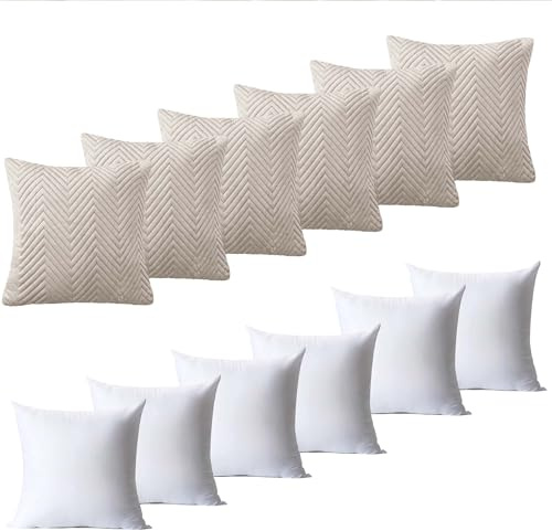 BedLooms Cushions with Covers Included 45 x 45 cm Set of 12 (6 Beige Cushion Covers, 6 Cushion Inserts) Ultrasonic Square Throw Pillow Cases Decorative Sofa Cushion with Invisible Zipper